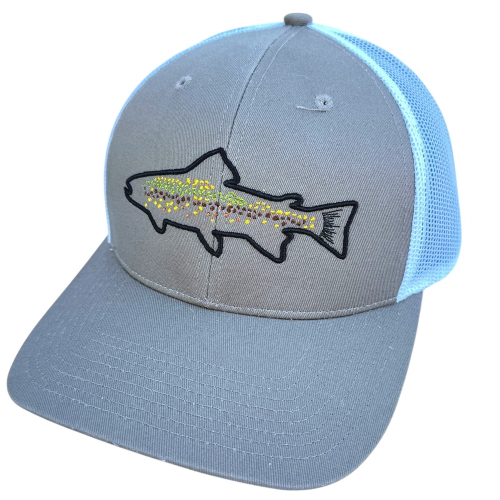 Outdoor Cap TROUT Tan White Embroidered Trout Fishing Trucker Hat Snapback